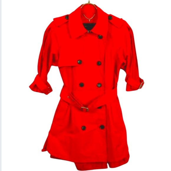 BCBGMAXAZRIA Size XS Poppy Red Short Trench Coat with Skirted Detail - Picture 3 of 12